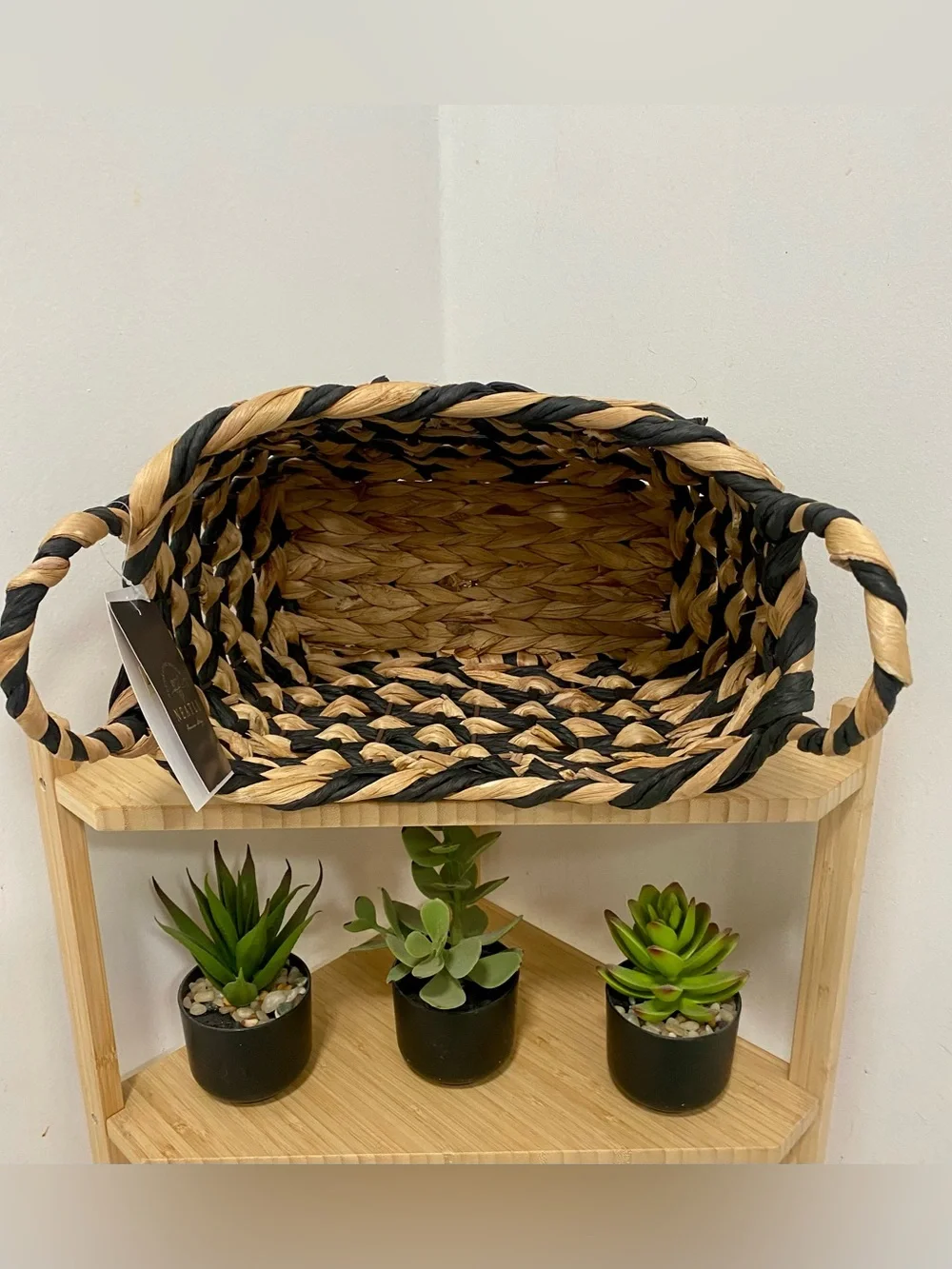 Woven Two-Tone Black and Natural Storage Basket